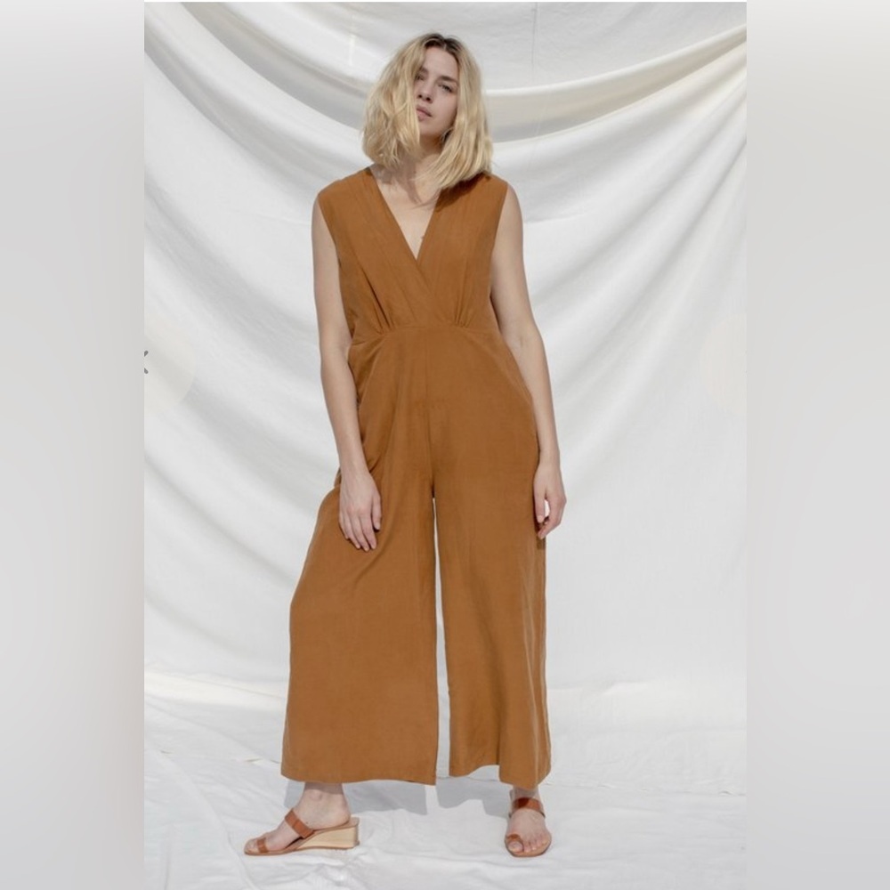 OZMA Kimono Romper Silk Linen Wide Leg Deep V Reversible Size Small Copper